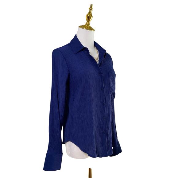 50th Street Petite Navy Blue Crinkle Long Sleeve Button Front Blouse Size PS - Picture 5 of 11